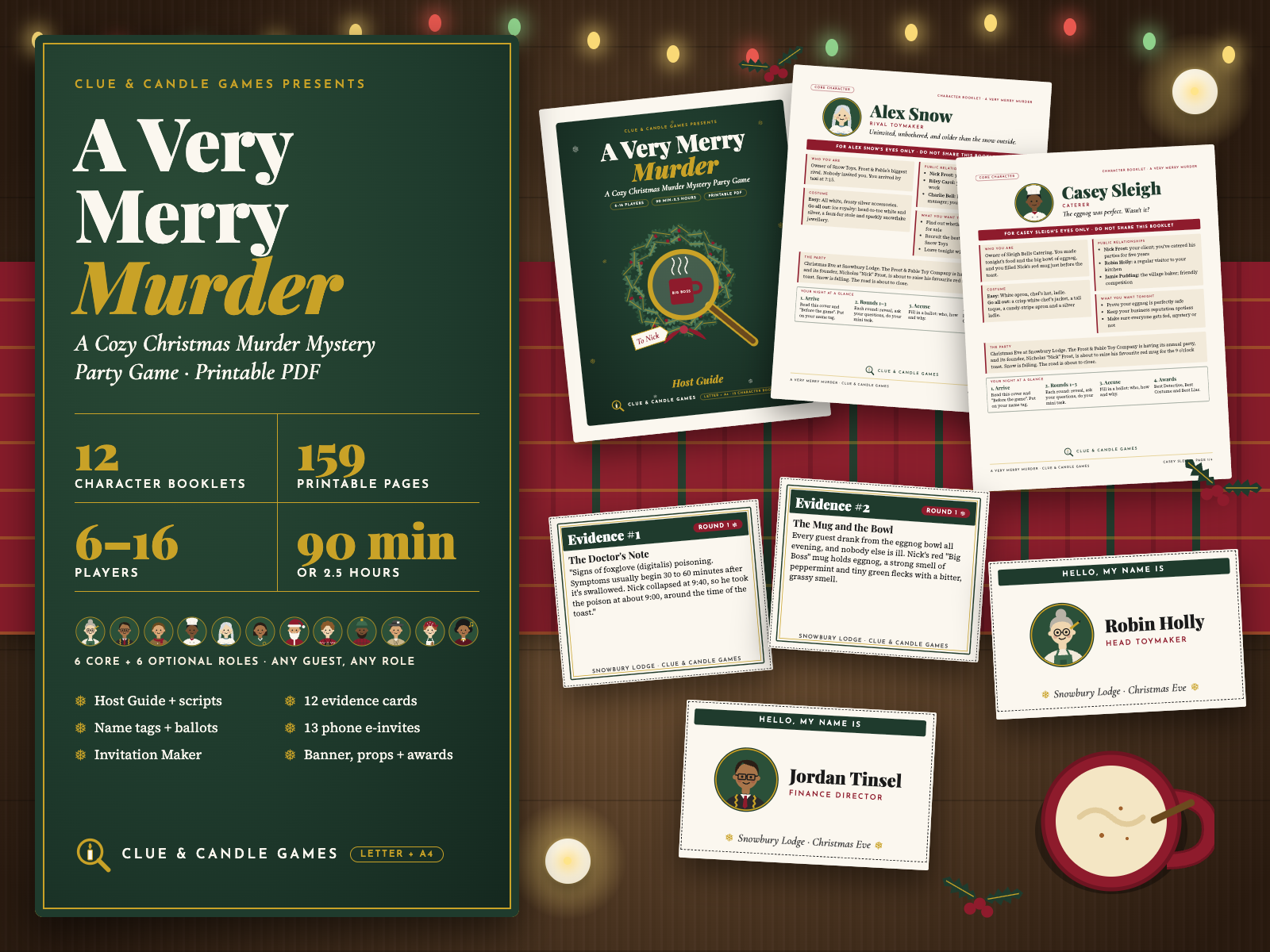 A Very Merry Murder cover: printable Christmas murder mystery party game, 6 to 16 players, 90 minutes to 2.5 hours