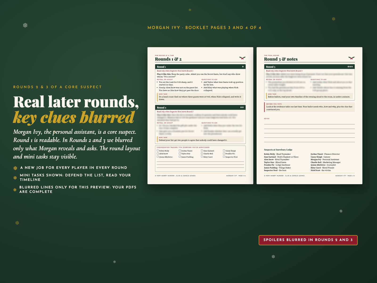 Morgan Ivy's booklet pages 3 and 4: real Round 2 and Round 3 pages with only key clues blurred