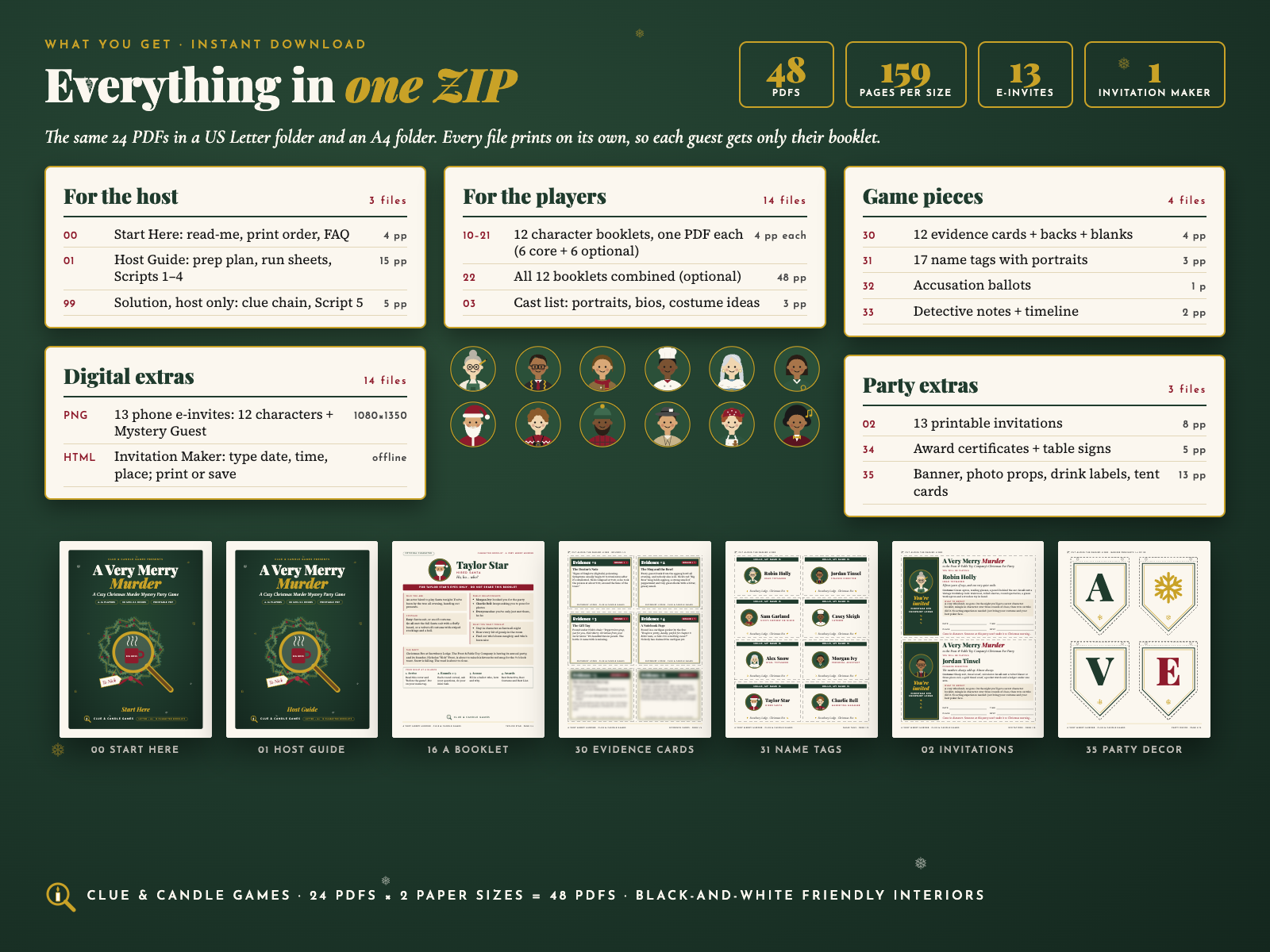 Everything in one ZIP: 48 PDFs, 159 pages per paper size, 13 e-invites, 1 Invitation Maker, listed by file