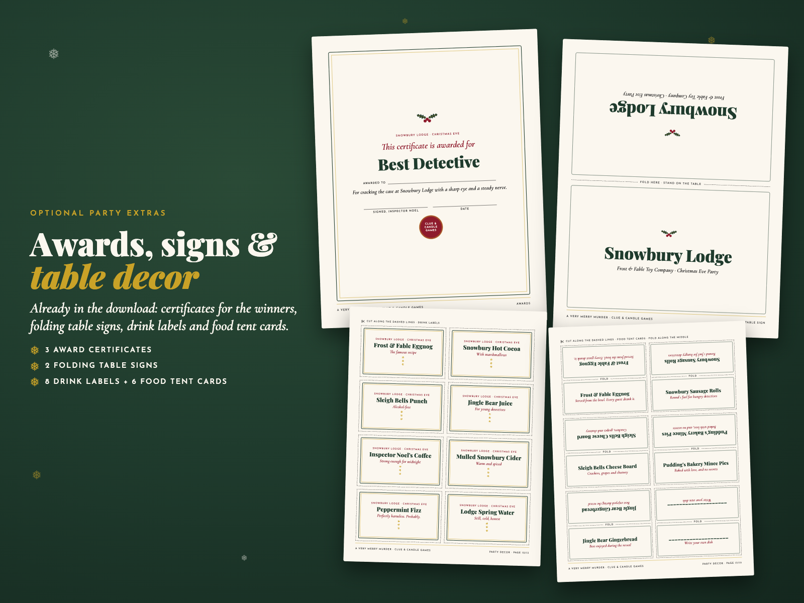 Award certificate, table sign, drink labels, food tent cards