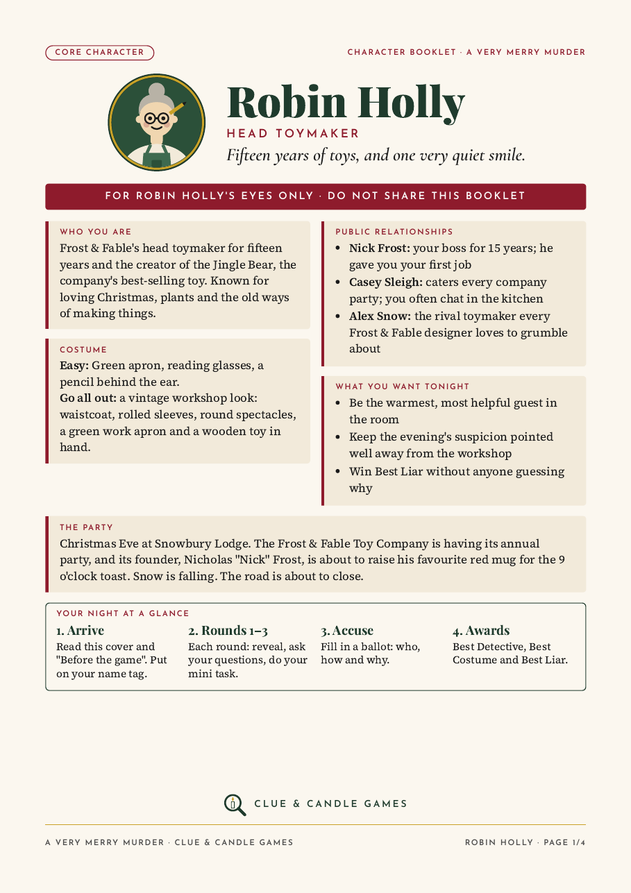 Robin Holly character booklet, cover page (A4)
