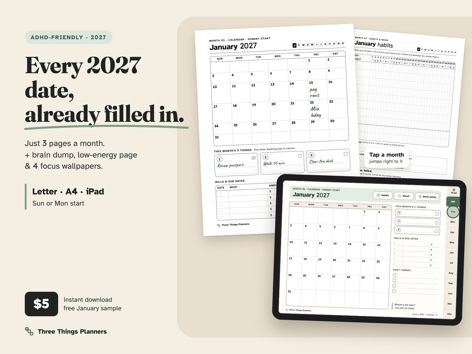 2027 ADHD-Friendly Monthly Calendar cover: every 2027 date already filled in, 3 pages a month, Letter, A4 and iPad
