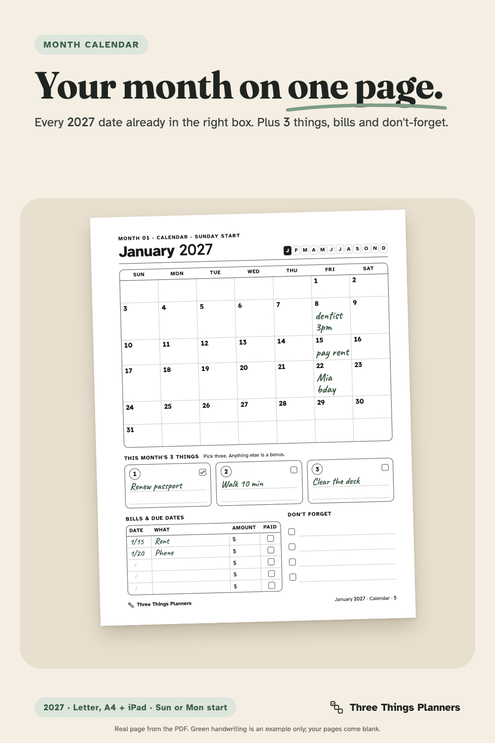 January 2027 month calendar with This month's 3 things, Bills and due dates, and Don't forget