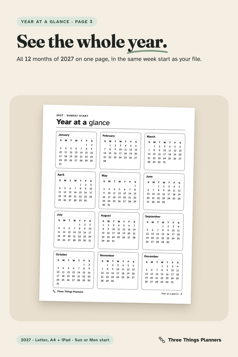 2027 year at a glance with all 12 months on one page