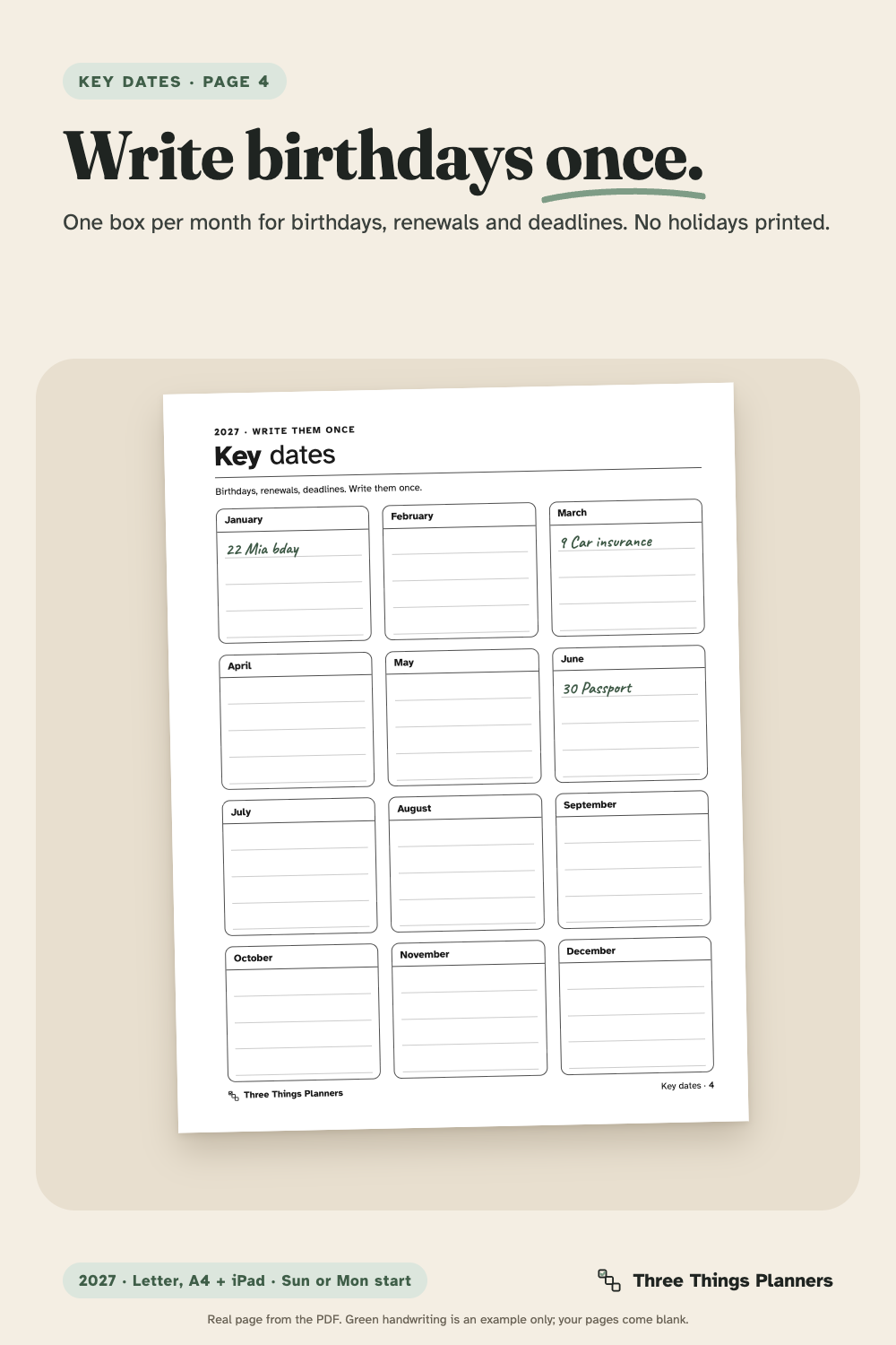 Key dates page with one box per month