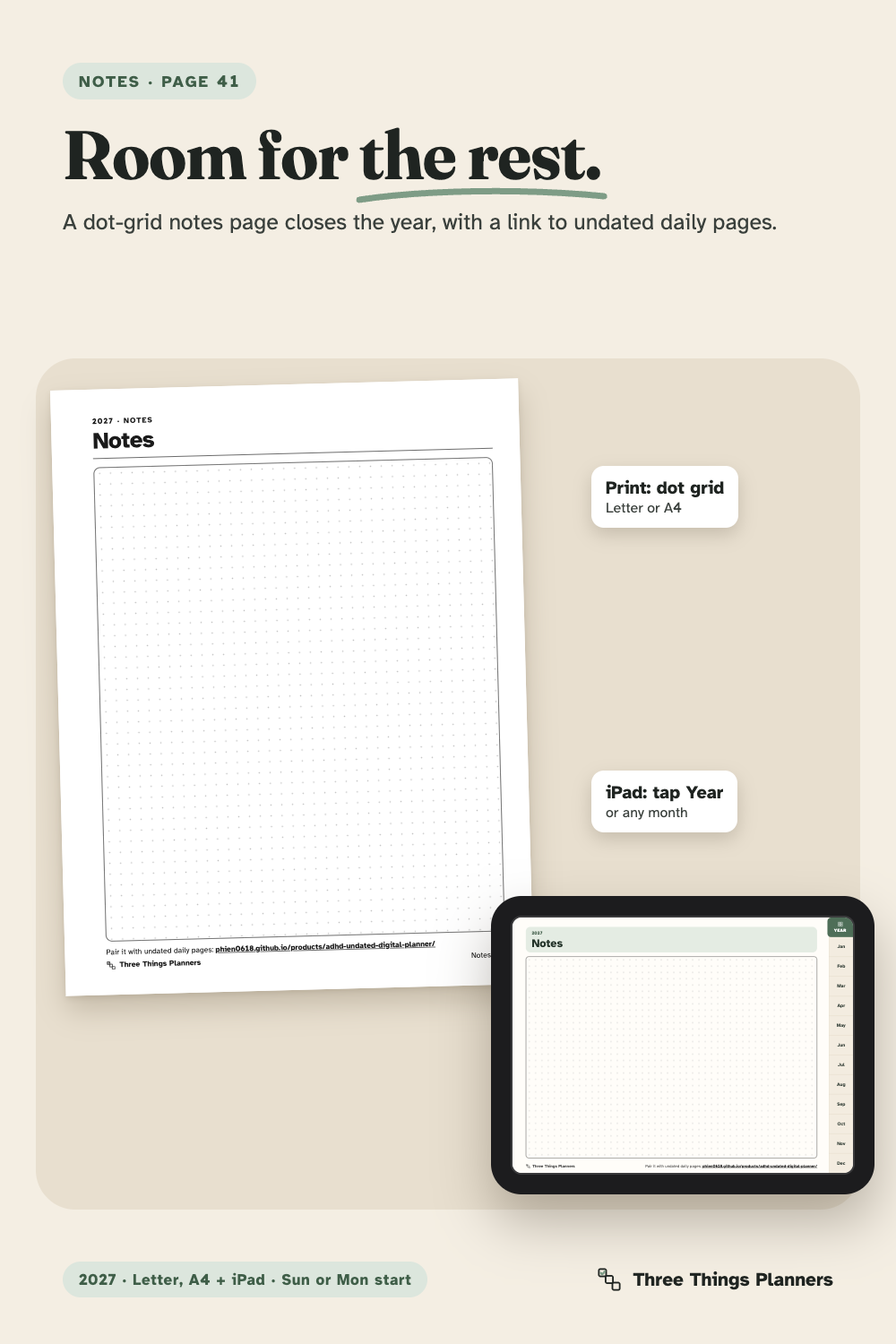 Dot-grid notes page, print and iPad