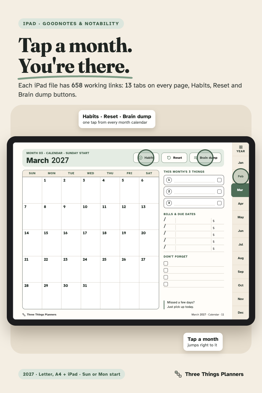 iPad file: tap a month tab, Habits, Reset or Brain dump to jump
