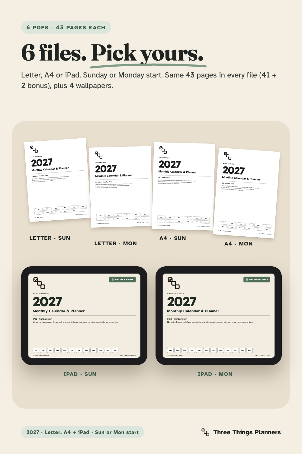 The 6 calendar files: Letter, A4 and iPad, Sunday or Monday start, 43 pages each