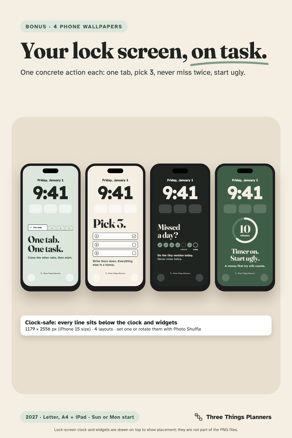 4 focus phone wallpapers shown under a lock-screen clock