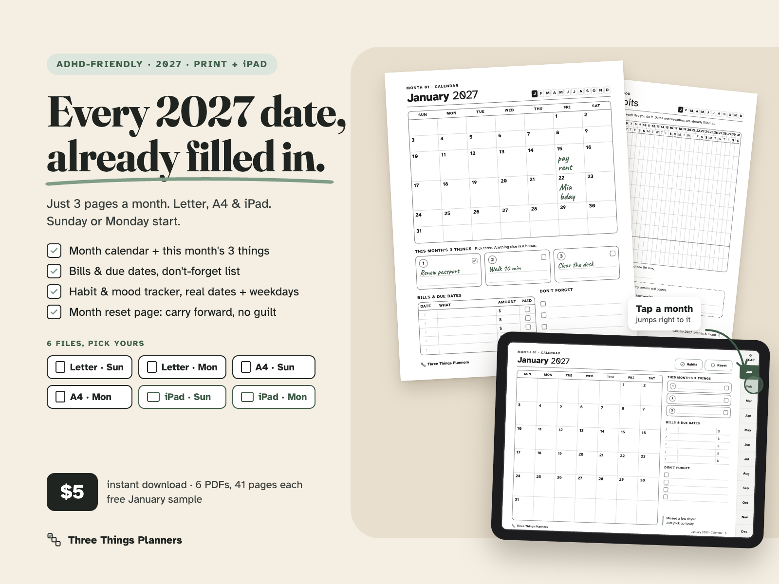 Overview: every 2027 date already filled in, 3 pages a month, 6 files