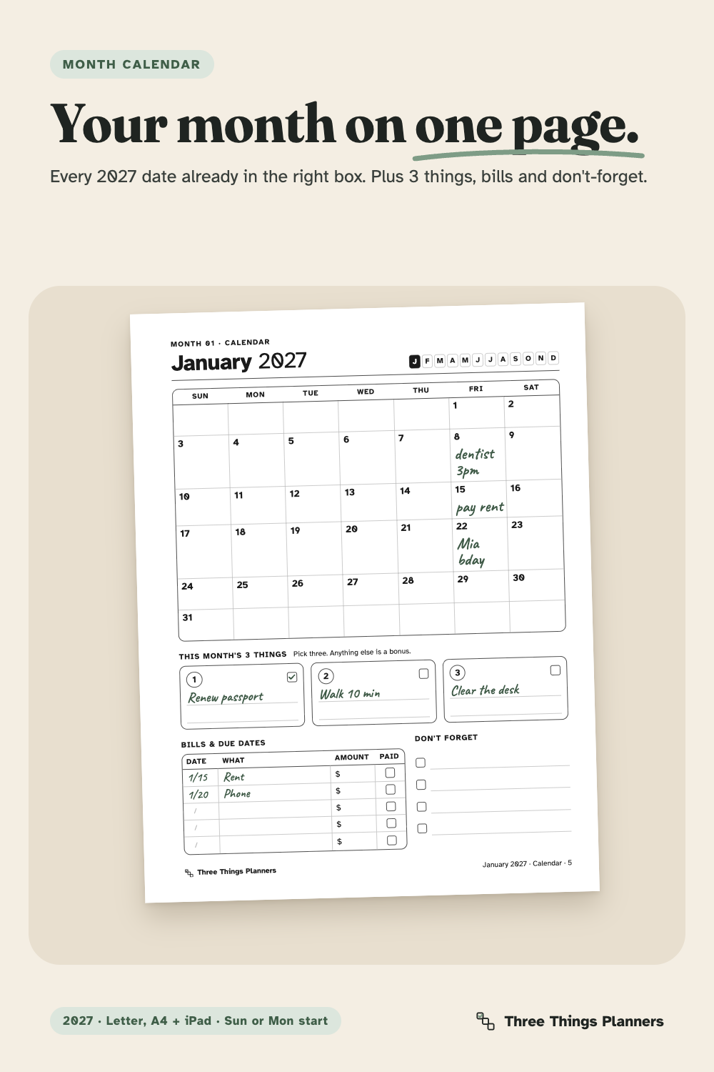 January 2027 month calendar with This month's 3 things, Bills and due dates, and Don't forget