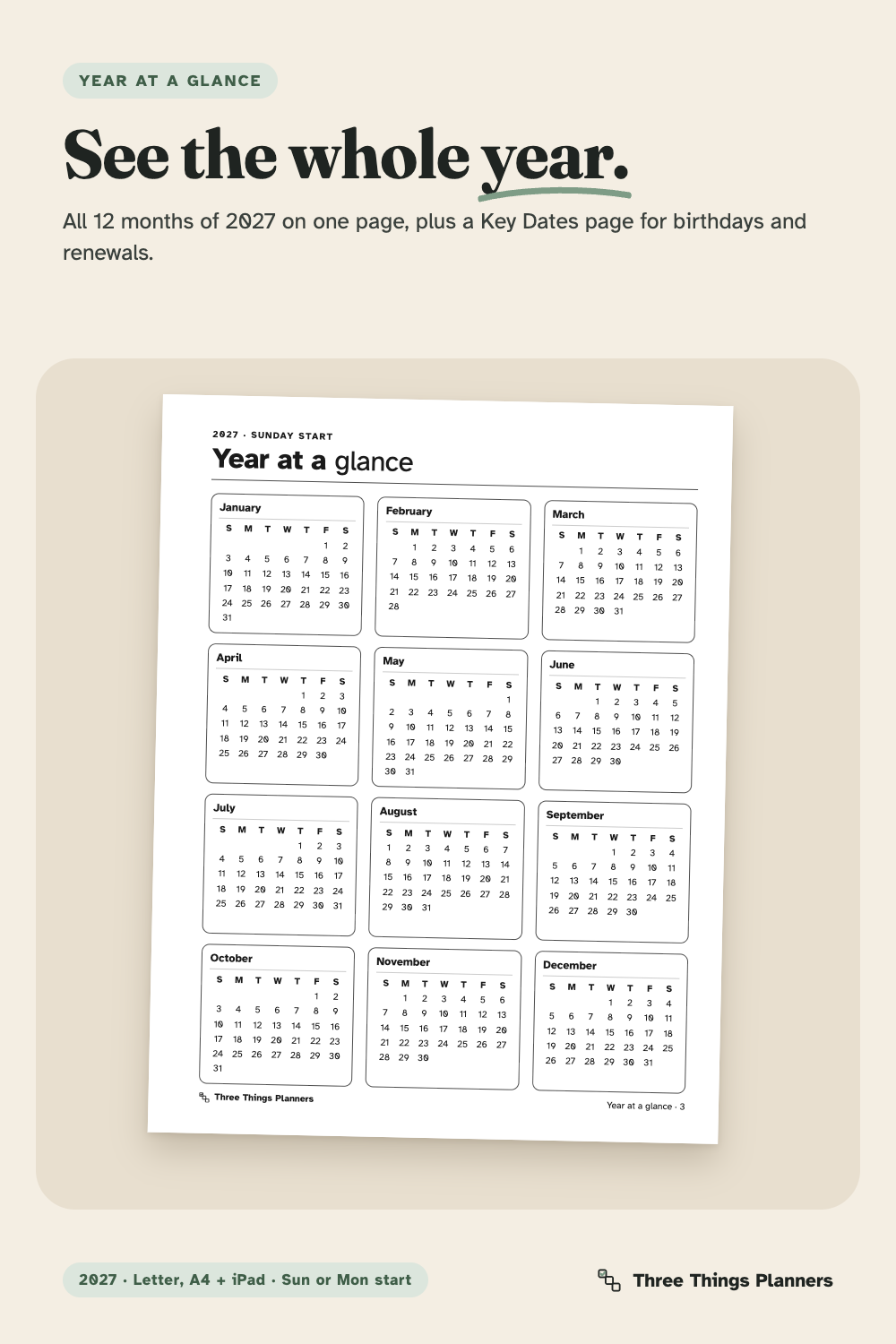 2027 year at a glance with all 12 months on one page