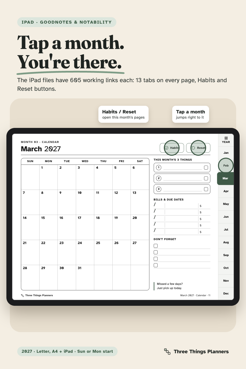 iPad file: tap a month tab to jump to it