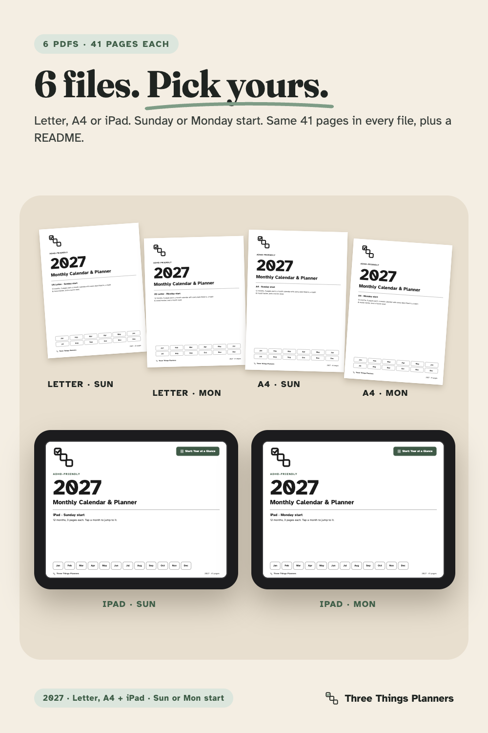 The 6 calendar files: Letter, A4 and iPad, Sunday or Monday start, 41 pages each