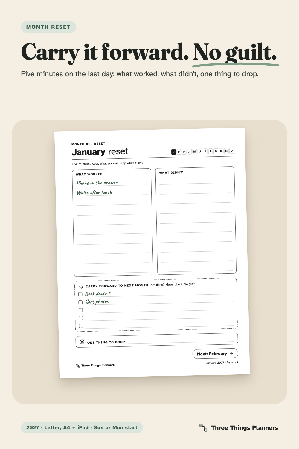 January month reset: what worked, what didn't, carry forward, one thing to drop, Next: February