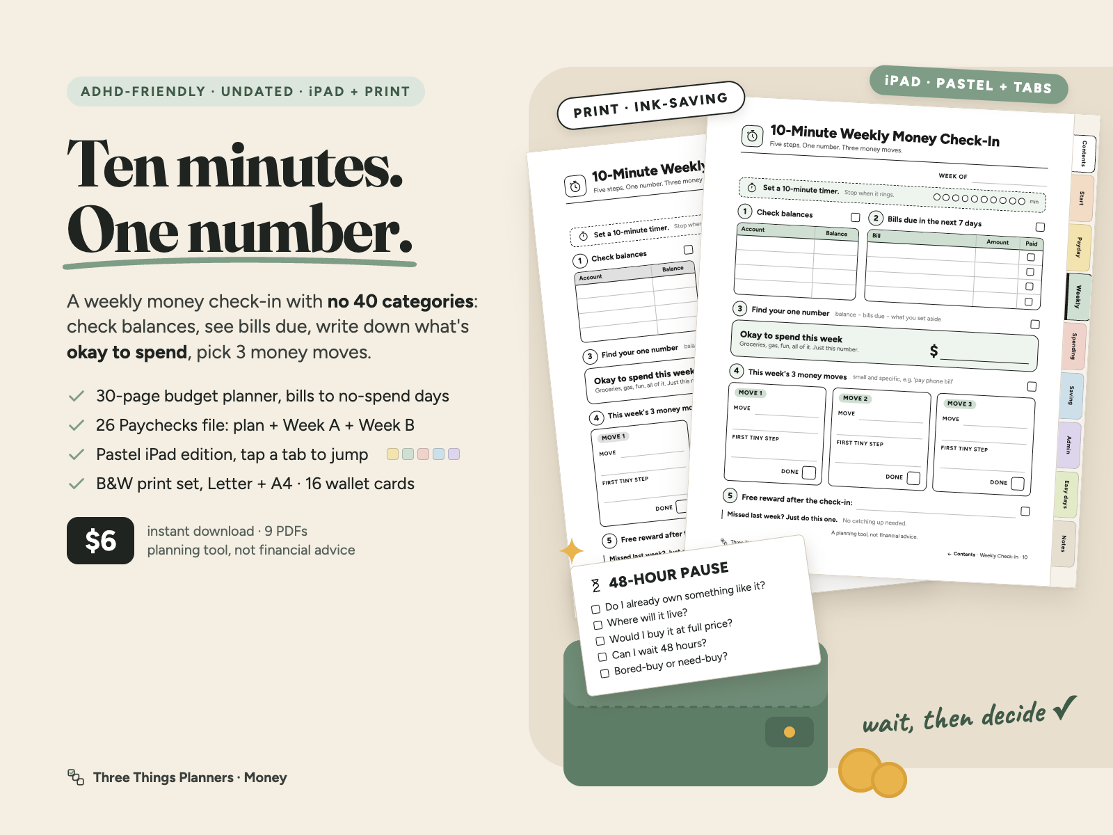 ADHD-Friendly Budget Planner cover: ten minutes, one number. 30-page planner, 26 Paychecks file, 16 wallet cards, US Letter, A4 and iPad Pastel