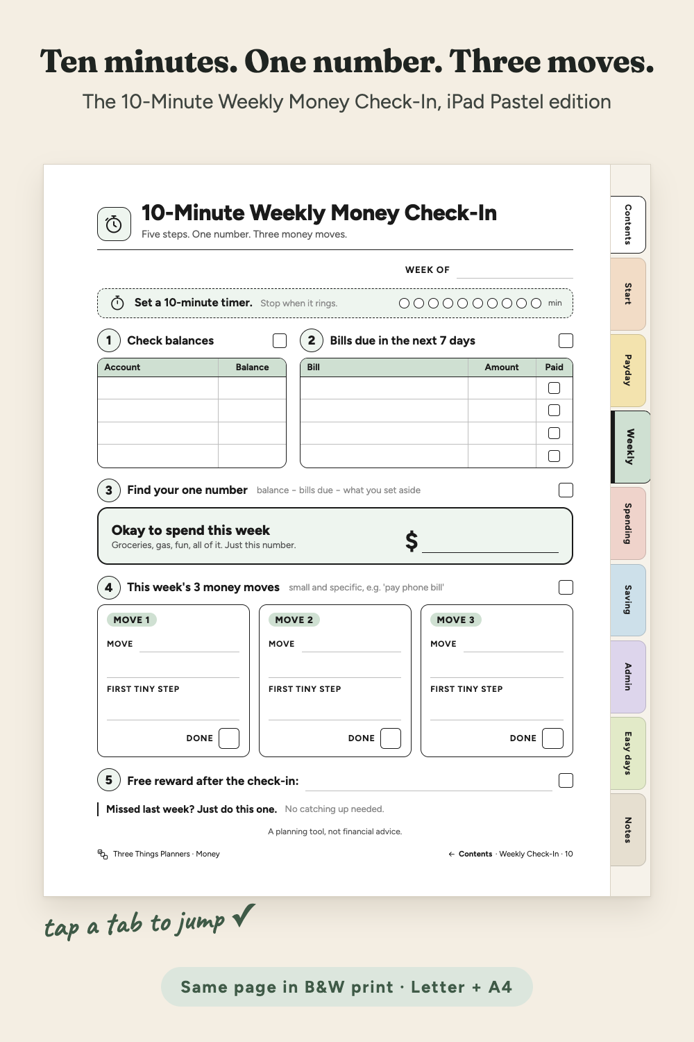 10-Minute Weekly Money Check-In page, iPad Pastel edition with side tabs: 5 steps, an okay-to-spend box and exactly 3 money move boxes