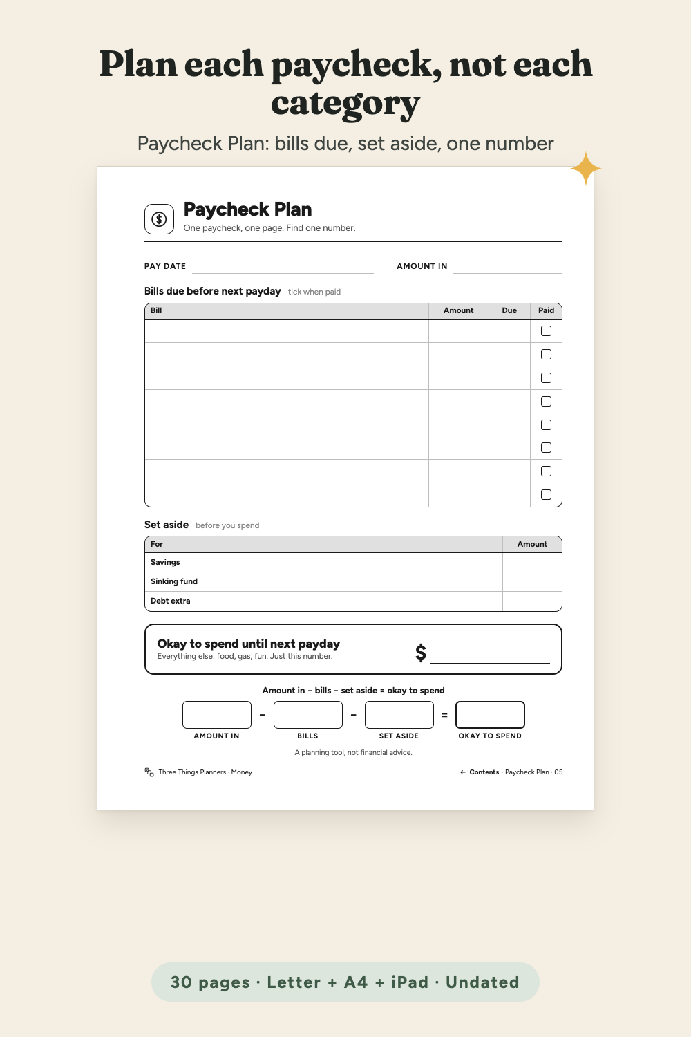 Paycheck Plan page with bills due before next payday, set aside and okay to spend until next payday