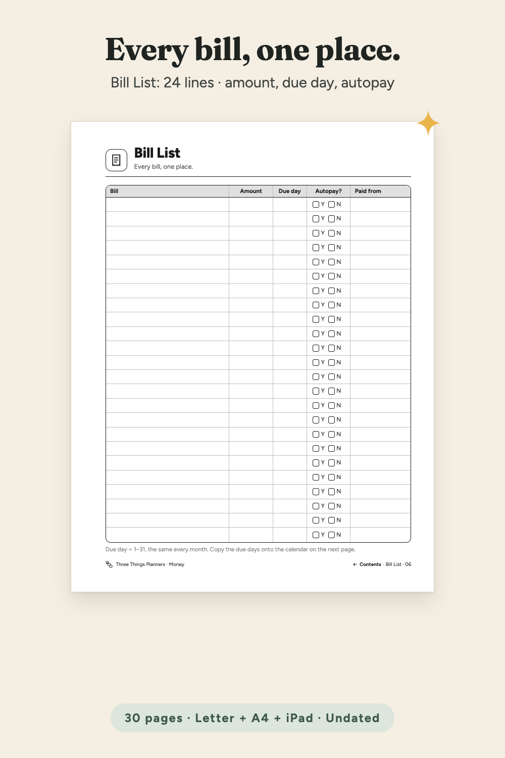 Bill List page with 24 lines: bill, amount, due day, autopay, paid from