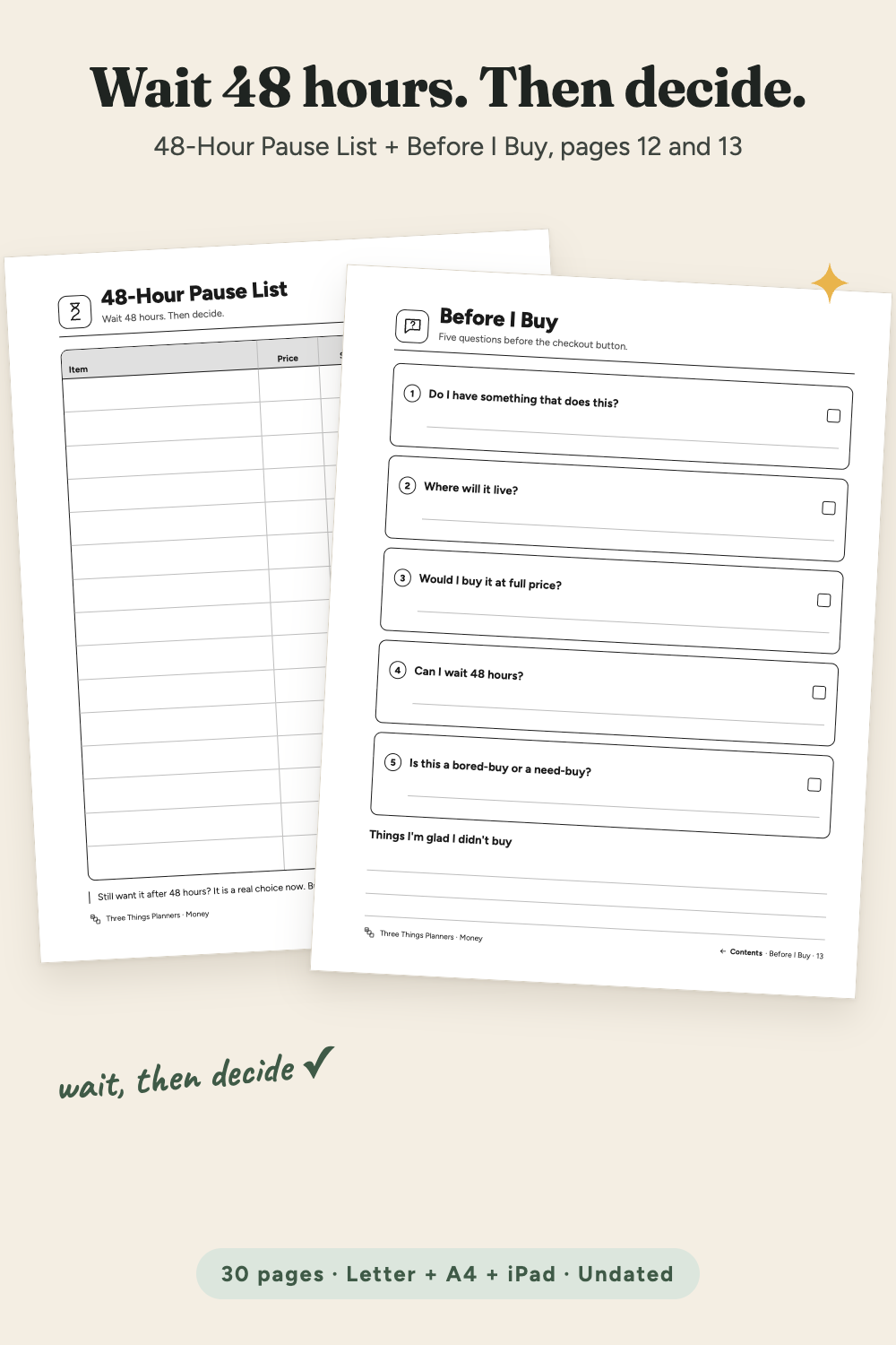 48-Hour Pause List and Before I Buy pages side by side
