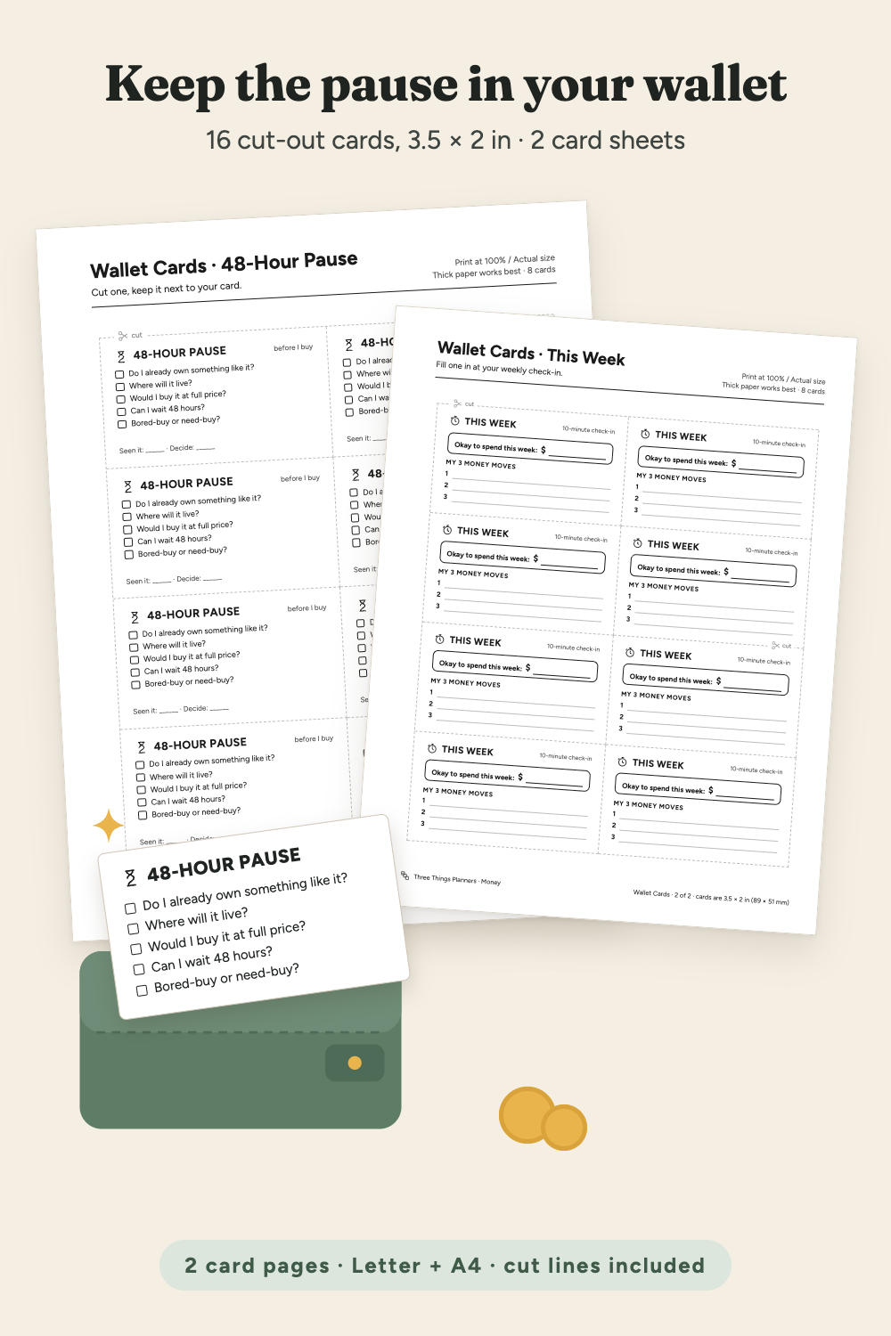 Wallet card sheets: 8 48-Hour Pause cards and 8 This Week cards with dashed cut lines