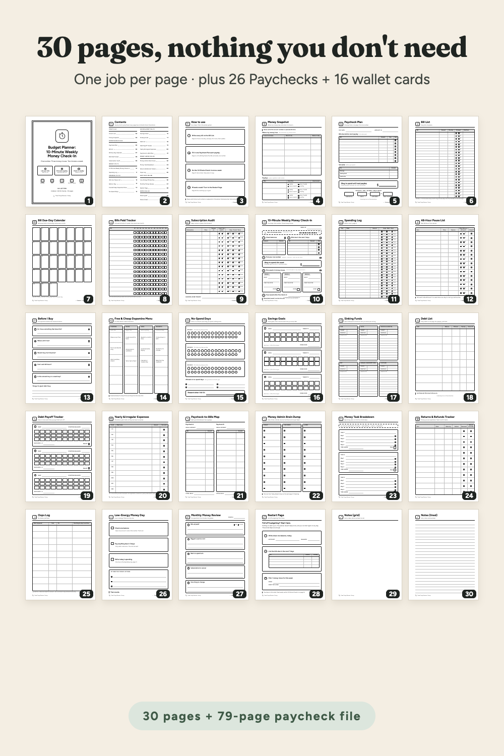 Thumbnails of all 30 planner pages