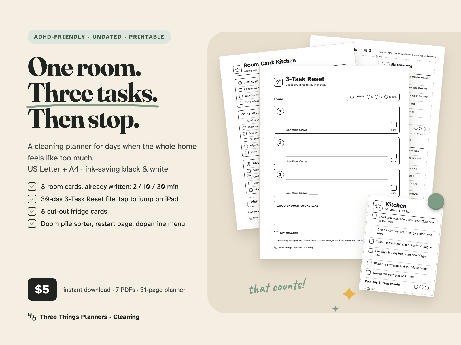 ADHD-Friendly Cleaning Planner cover: one room, three tasks, then stop. 31-page planner, US Letter and A4