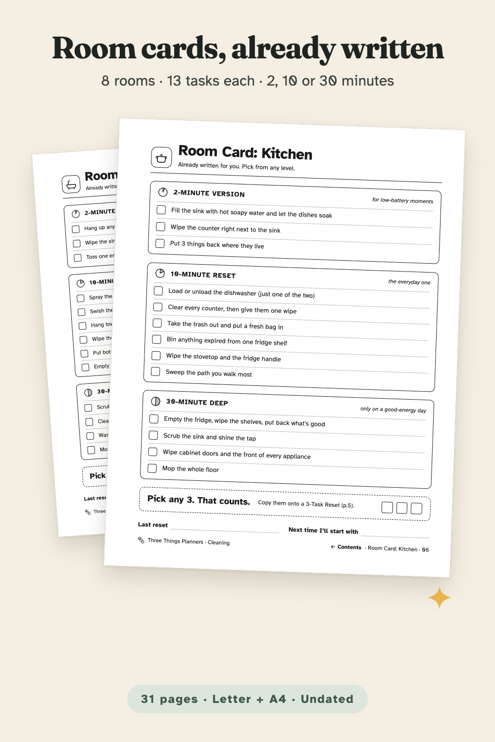 Room Card: Kitchen with 2-minute, 10-minute and 30-minute task levels