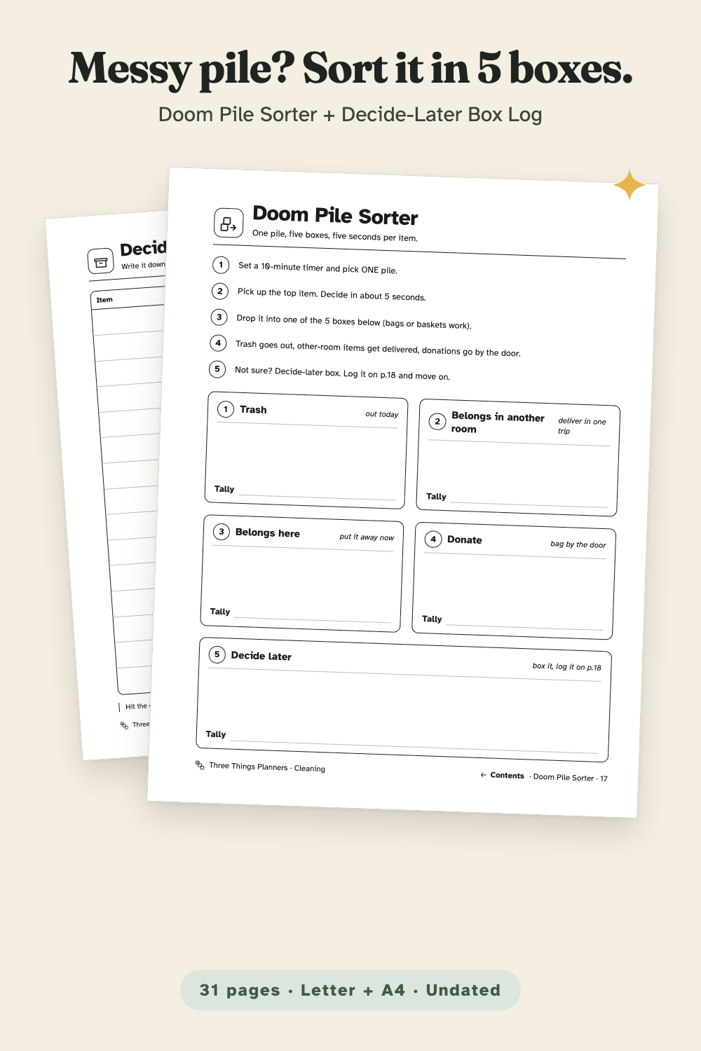Doom Pile Sorter page with a 5-step list and five sorting boxes