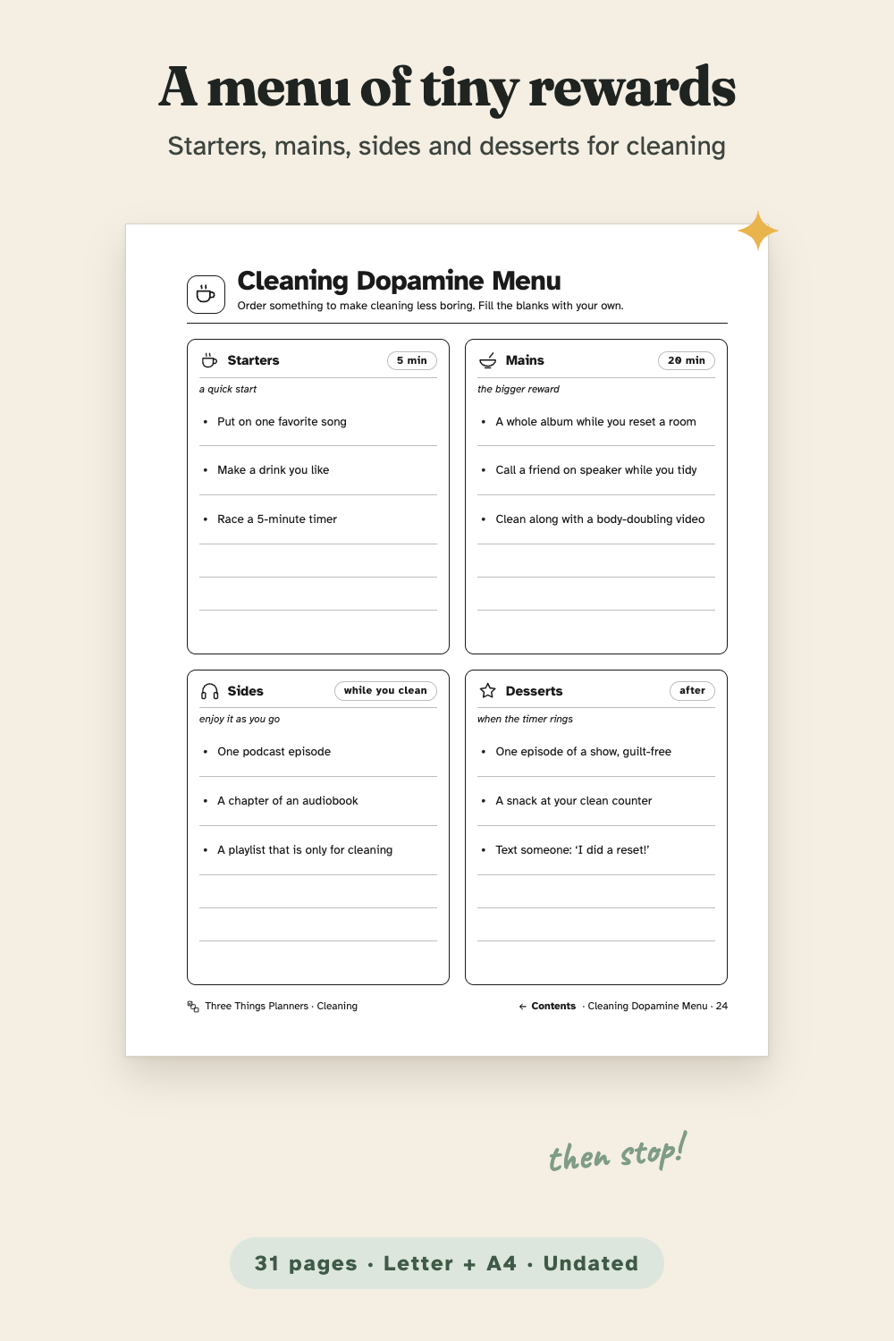 Cleaning Dopamine Menu with starters, mains, sides and desserts
