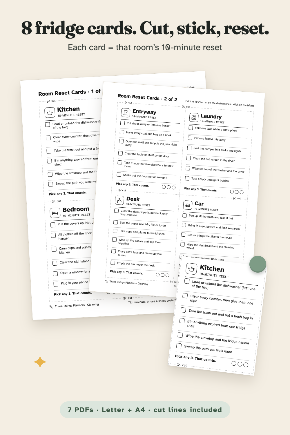 Room Reset fridge cards, four per page with dashed cut lines, and one cut-out Kitchen card