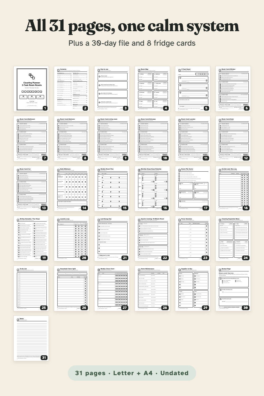 Thumbnails of all 31 planner pages