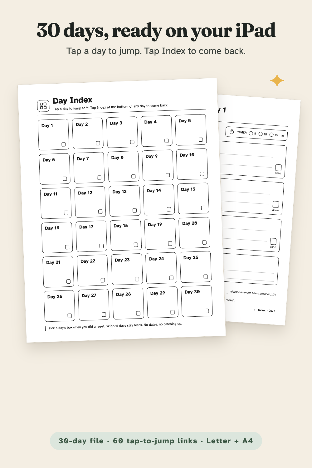 30-day file: Day Index with 30 tiles and a Day 1 page