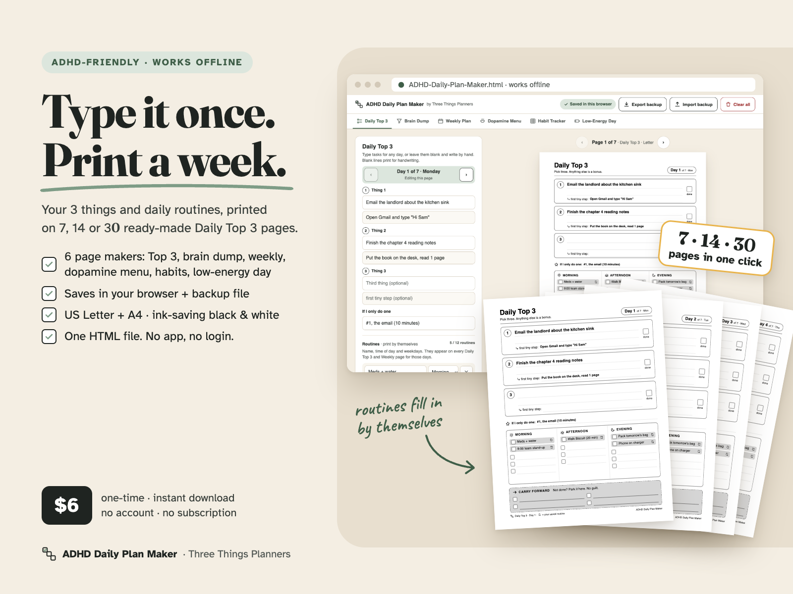 ADHD Daily Plan Maker cover: Type it once. Print a week. 7, 14 or 30 Daily Top 3 pages in one click, $6 one-time