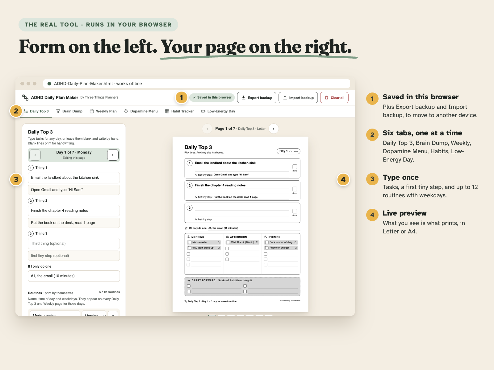 Screenshot of the ADHD Daily Plan Maker tool in a browser with the routine editor