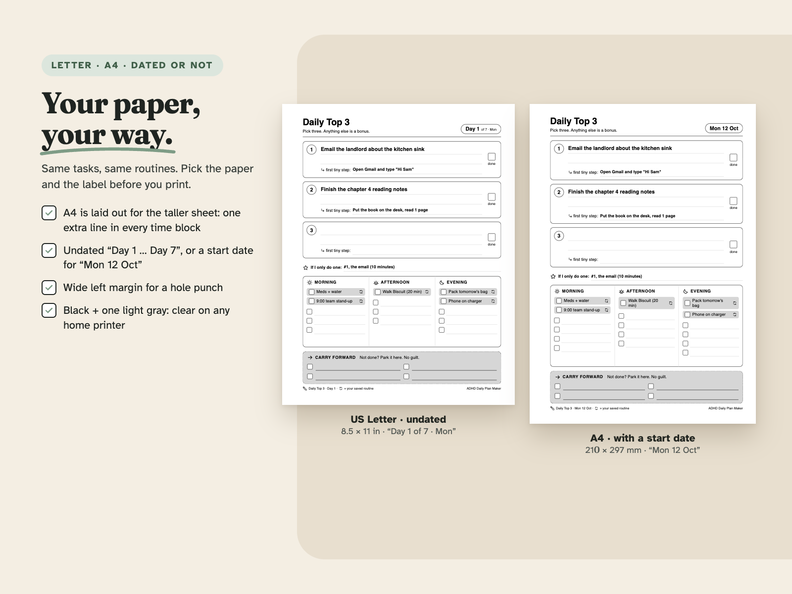 The same page in US Letter and in A4, A4 laid out for the taller sheet