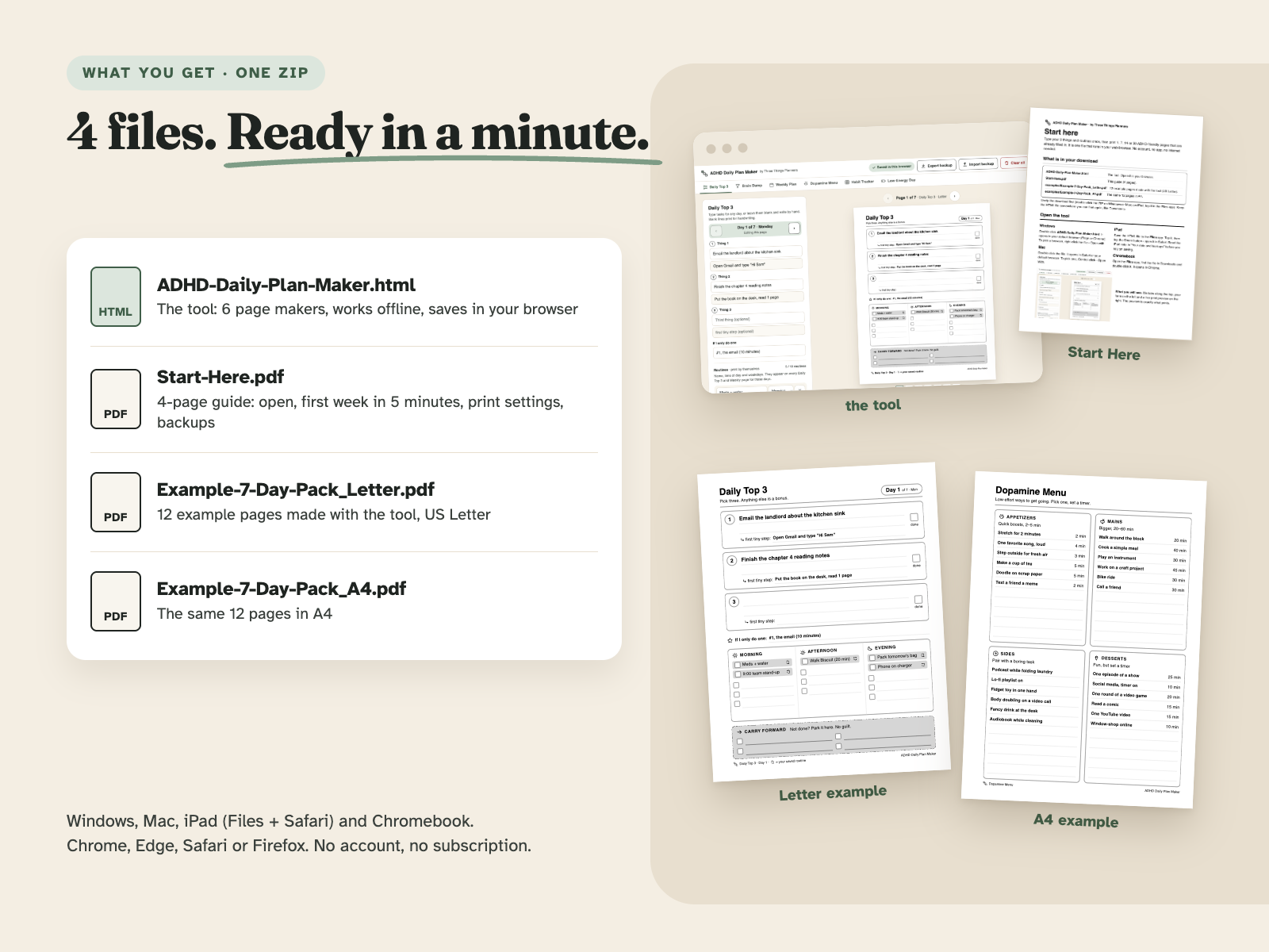What you get: 4 files, the HTML tool, Start-Here.pdf and two 12-page example PDFs (Letter and A4)