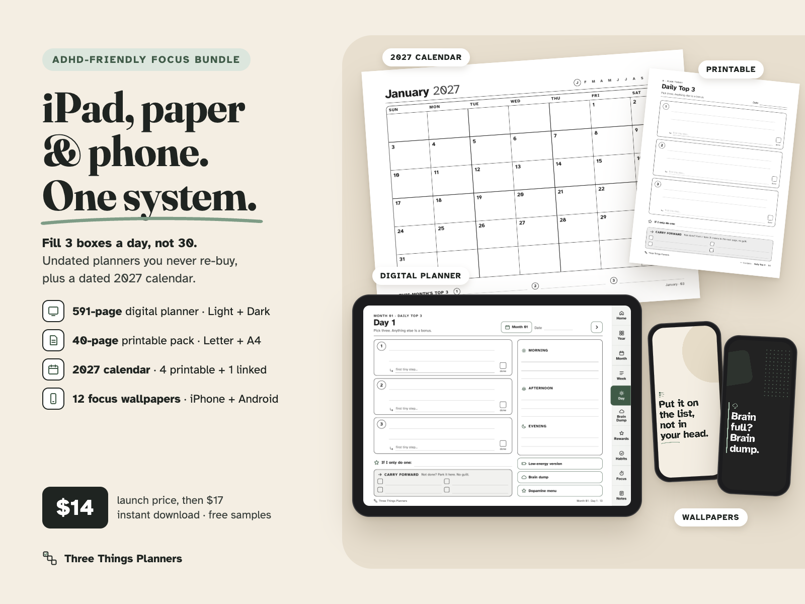 ADHD Focus Bundle cover: digital + printable planner, 2027 calendar and focus wallpapers
