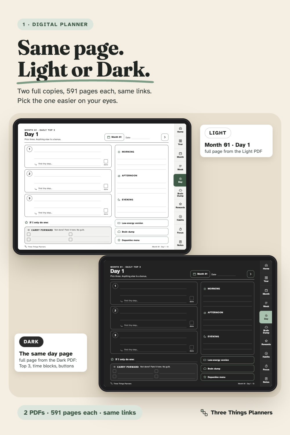 The same digital planner page in Light and Dark