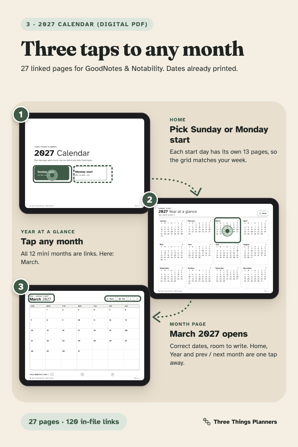 Digital 2027 calendar: tap a month to jump to it