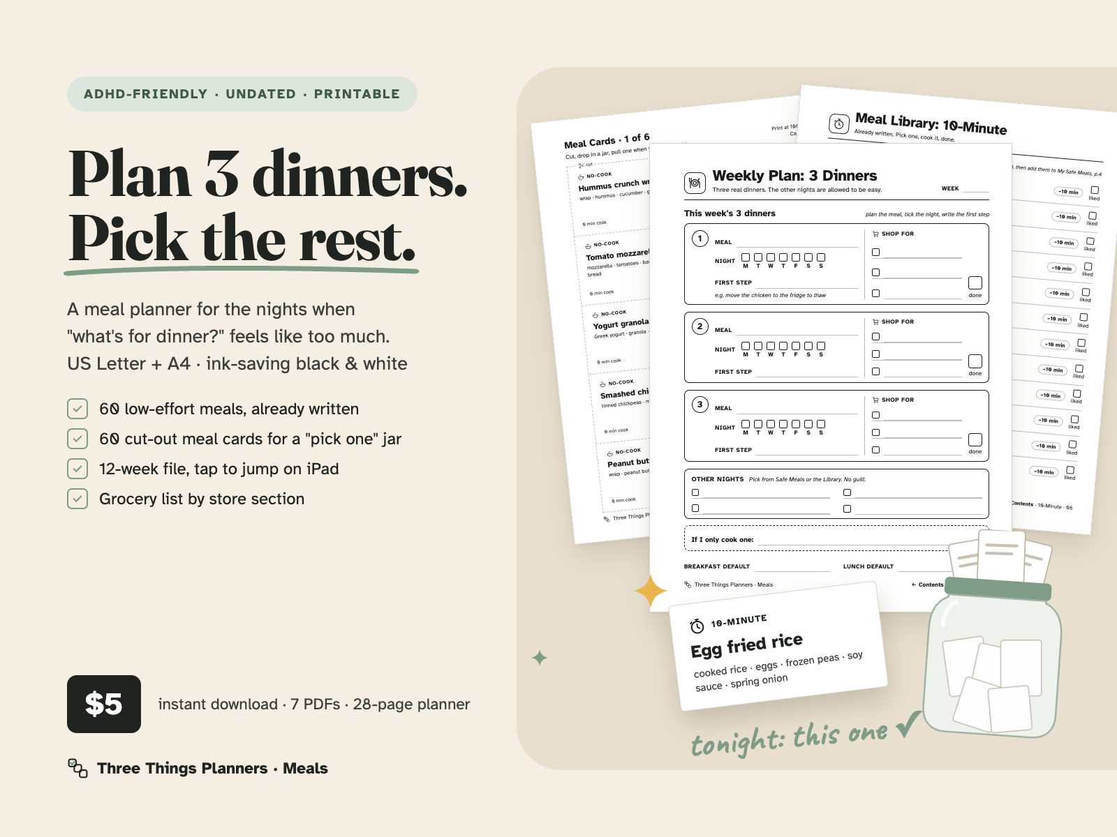 ADHD-Friendly Meal Planner cover: plan 3 dinners, pick the rest. 28-page planner, US Letter and A4