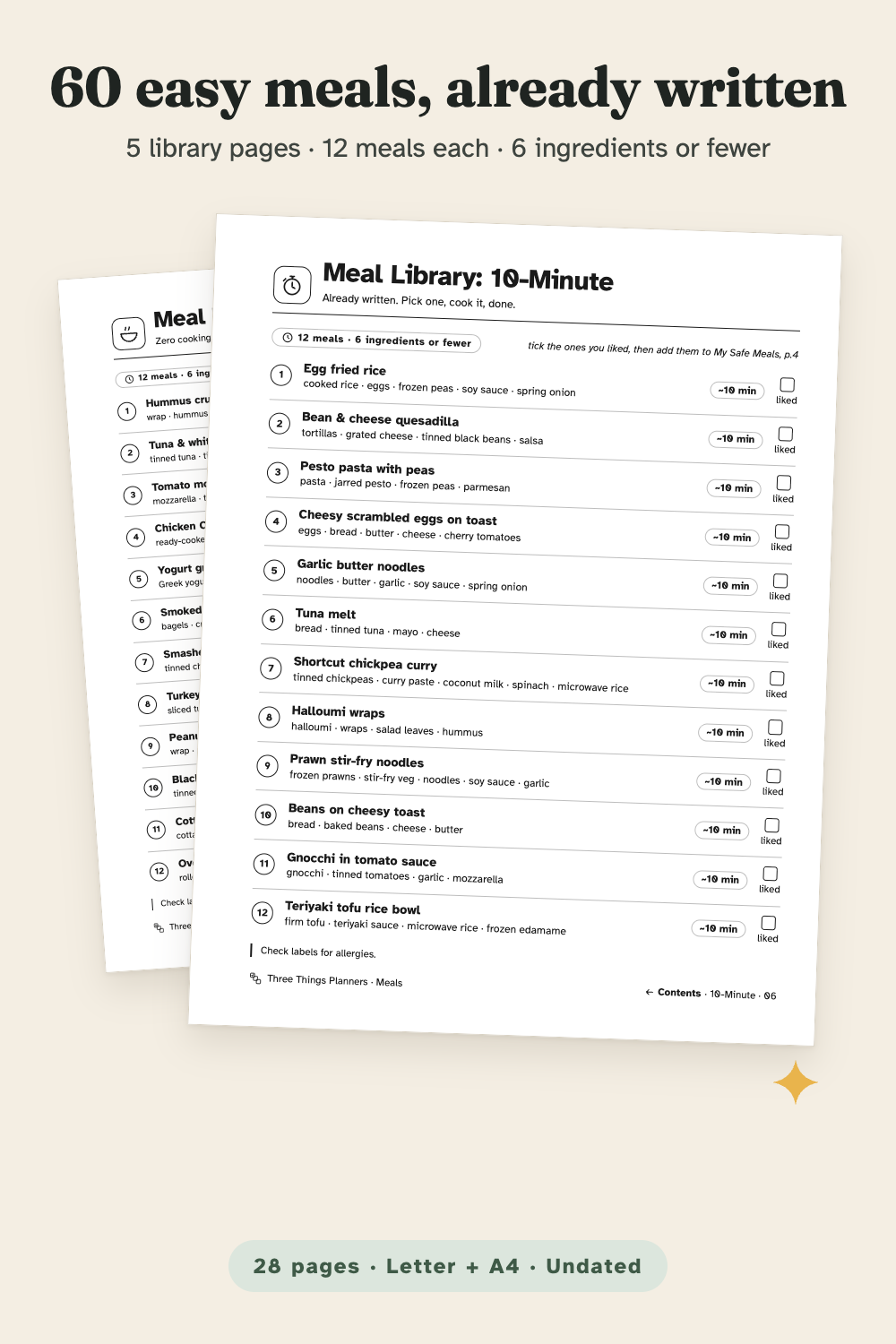 Meal Library: 10-Minute page with 12 written meals and their ingredients