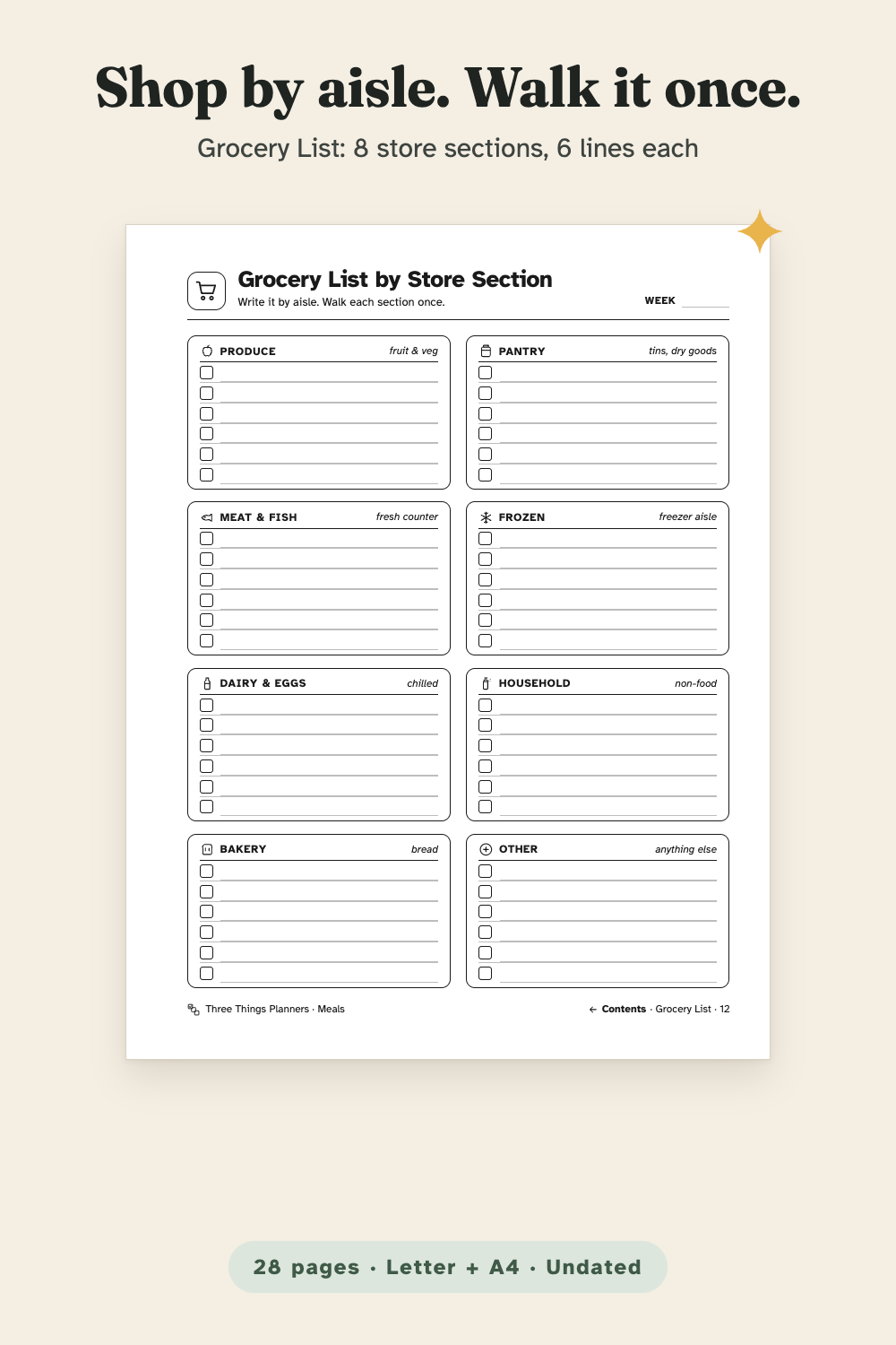 Grocery List by Store Section with 8 sections of 6 lines