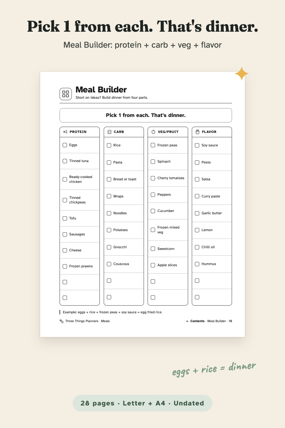 Meal Builder with protein, carb, veg/fruit and flavor columns