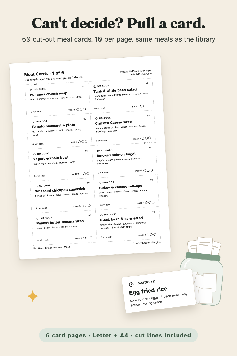 Meal cards page with 10 No-Cook cards and dashed cut lines, next to a jar of cards