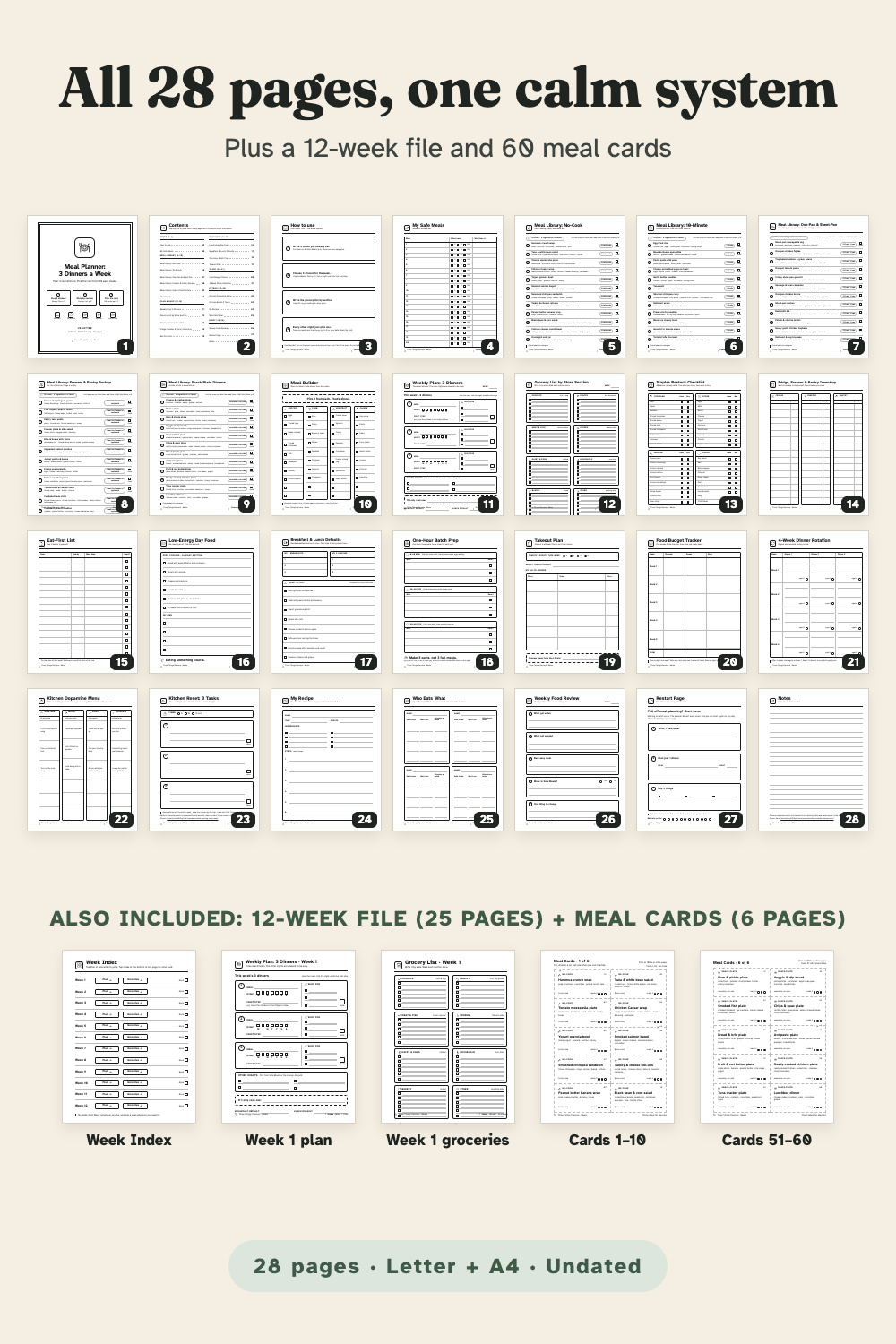 Thumbnails of all 28 planner pages plus 12-week file and meal card pages