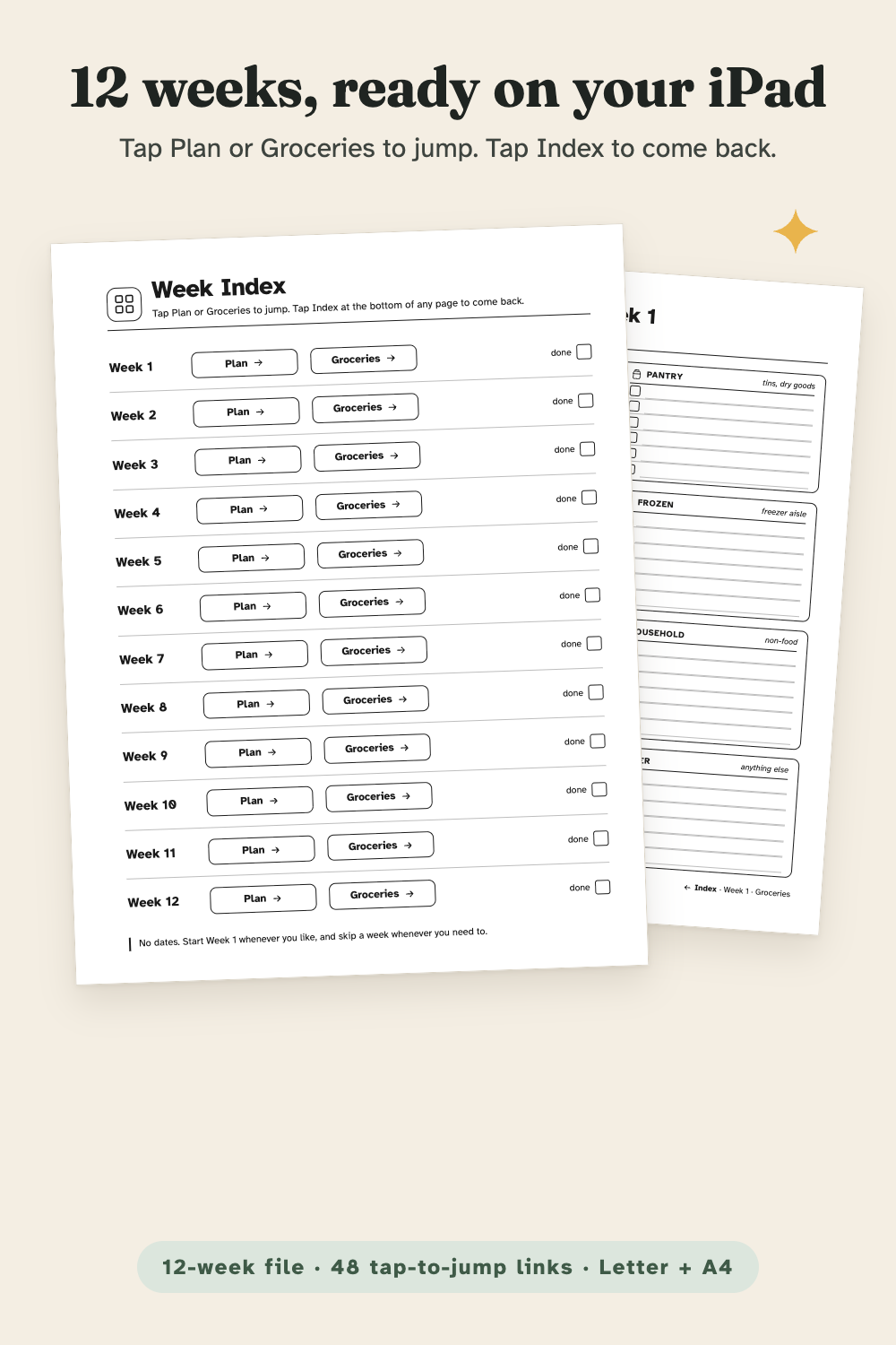 12-week file: Week Index with Plan and Groceries buttons for Week 1 to 12