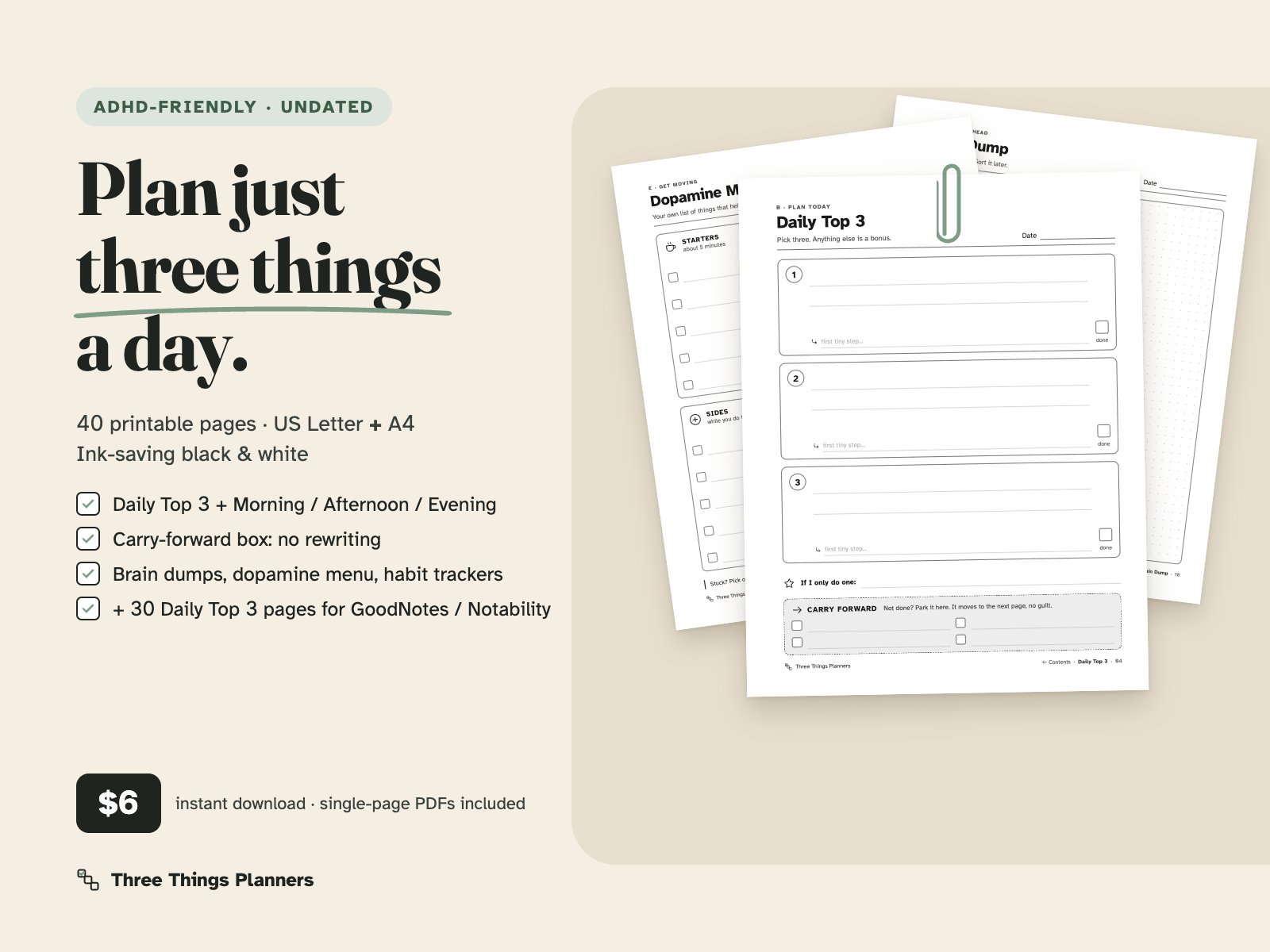 ADHD-Friendly Printable Planner Pack cover: 40 undated pages, US Letter and A4