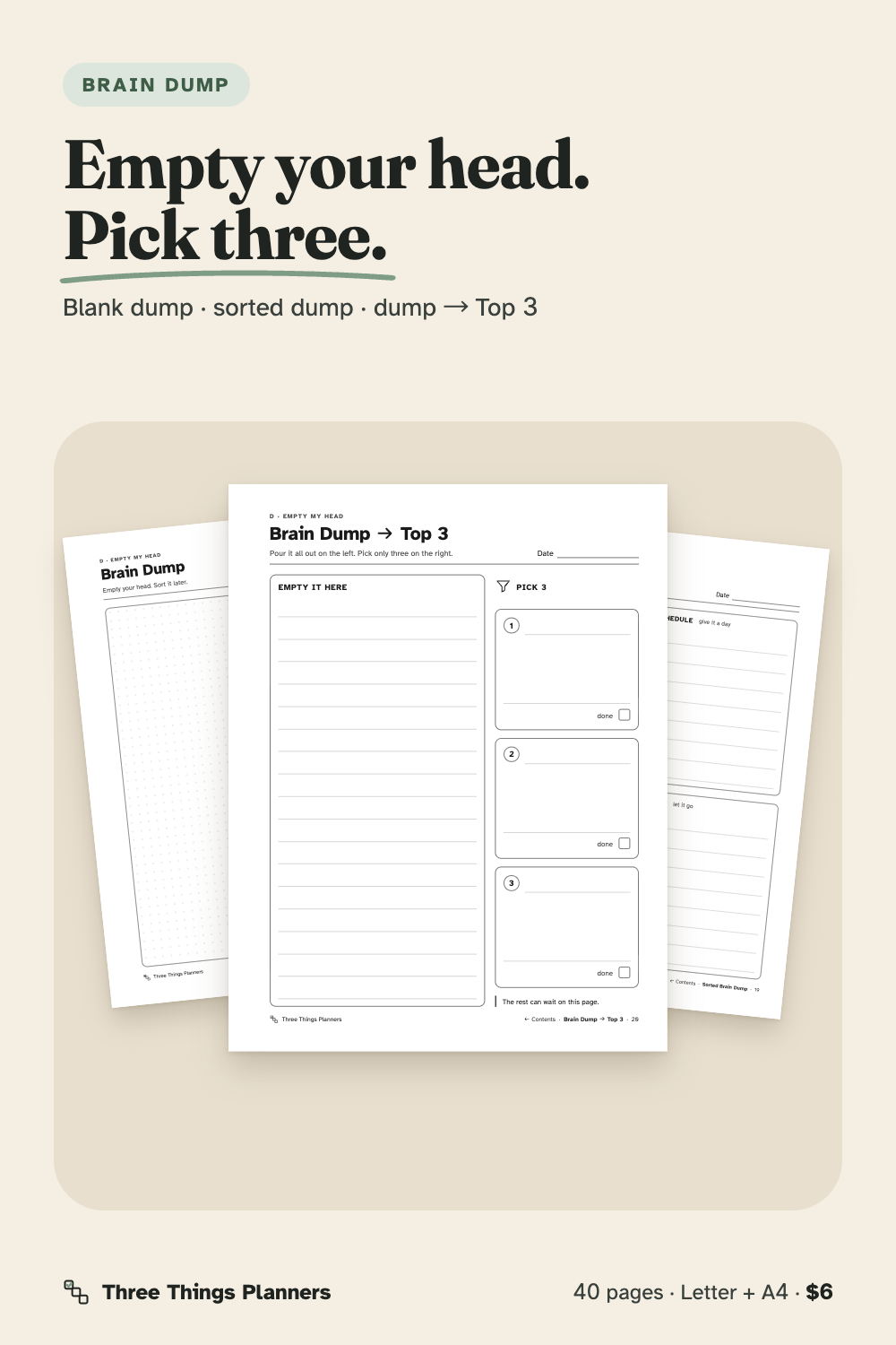 Brain Dump, Sorted Brain Dump and Brain Dump to Top 3 pages