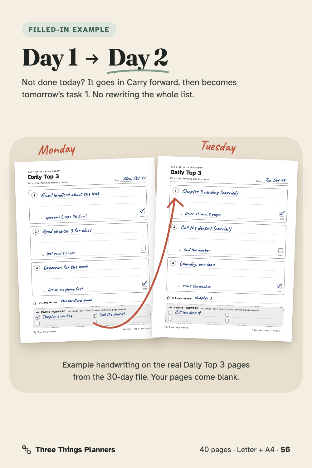 Filled example: Day 1 Daily Top 3 with leftovers moved to Day 2
